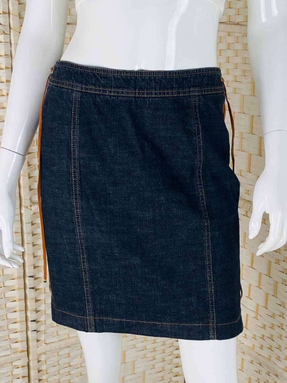 Vintage ESCADA, Womens Denim w/Side Leather Whip Stitching, 28" Skirt.